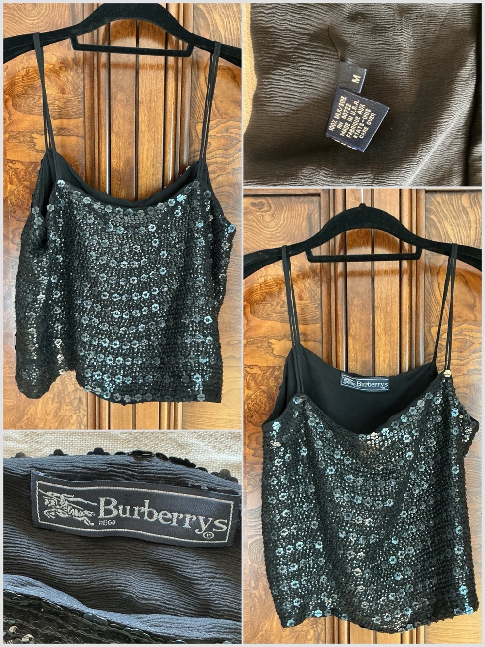 Vintage 90s Burberrys Silk Sequin Camisole Tank Top Black Embellished M Flawed